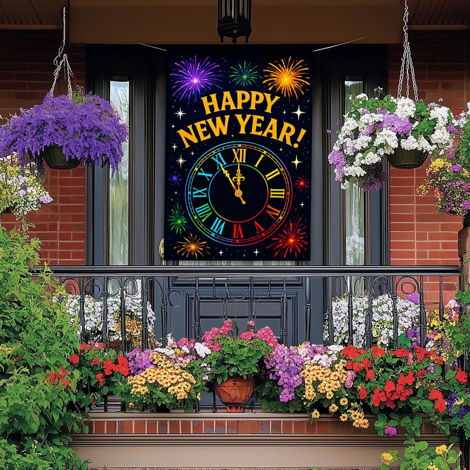 Happy New Year House Flag 28x40 Inch Rainbow Clock and Colorful Fireworks Design Garden Flag Outdoor Yard Decoration Holiday Celebration Banner for Home Porch Lawn - Image 2