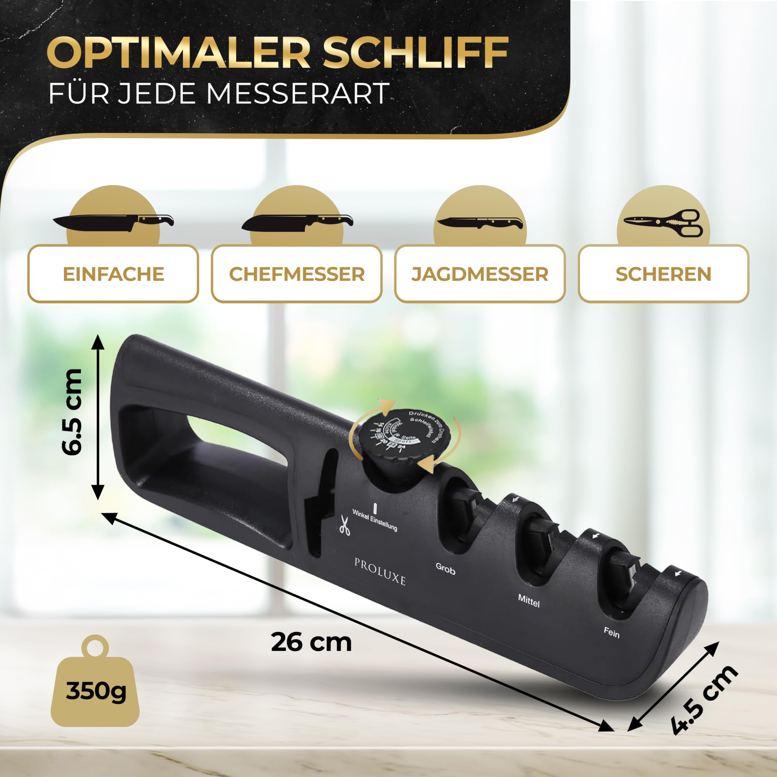 Proluxe® Affilacoltelli professionale con guida angolare e affilacoltelli – 4 livelli manuale per coltelli da cucina, coltello damascato e forbici – levigatrice diamantata – Kitchen Knife Sharpener