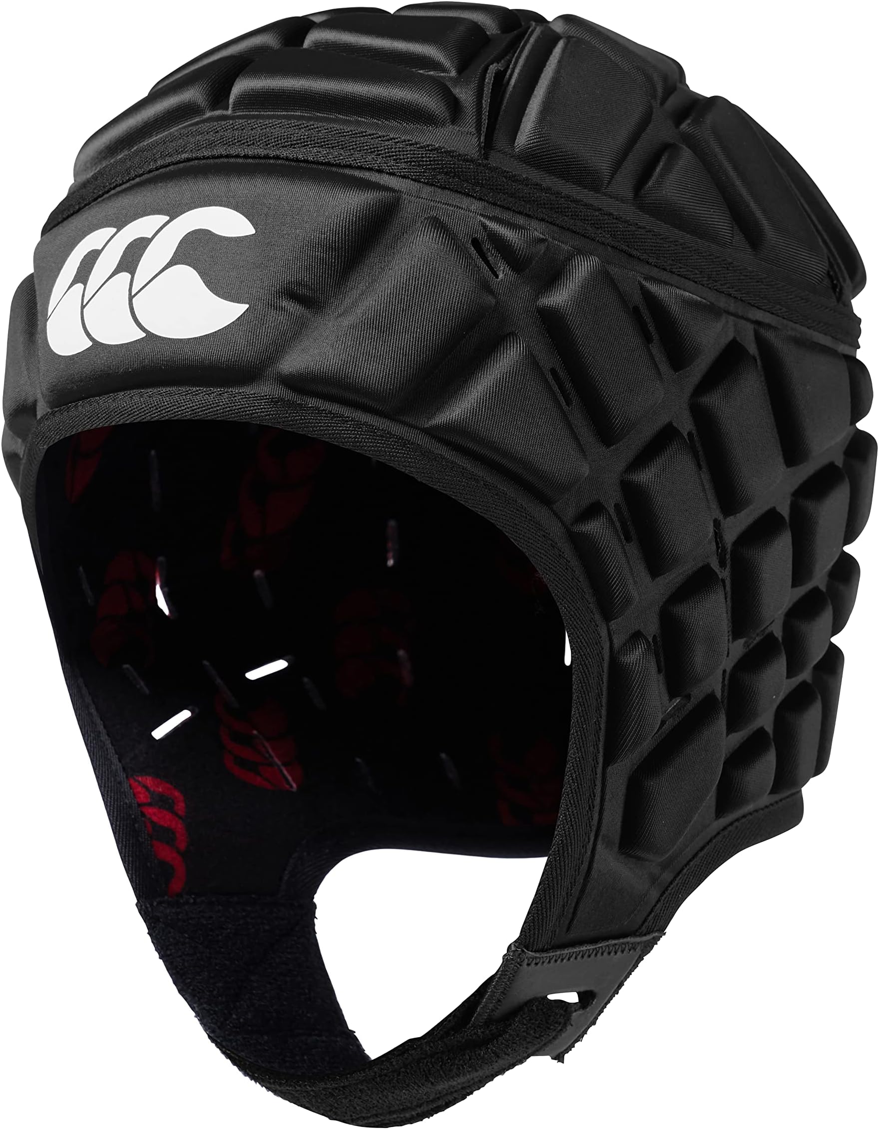 Canterbury Unisex Raze Rugby Headguard, Scrum Cap, Full Coverage, Soft-Edged Chin Strap, Designed Holes Aid Ventilation, Foam Padding Headguard, Black/True Red, S