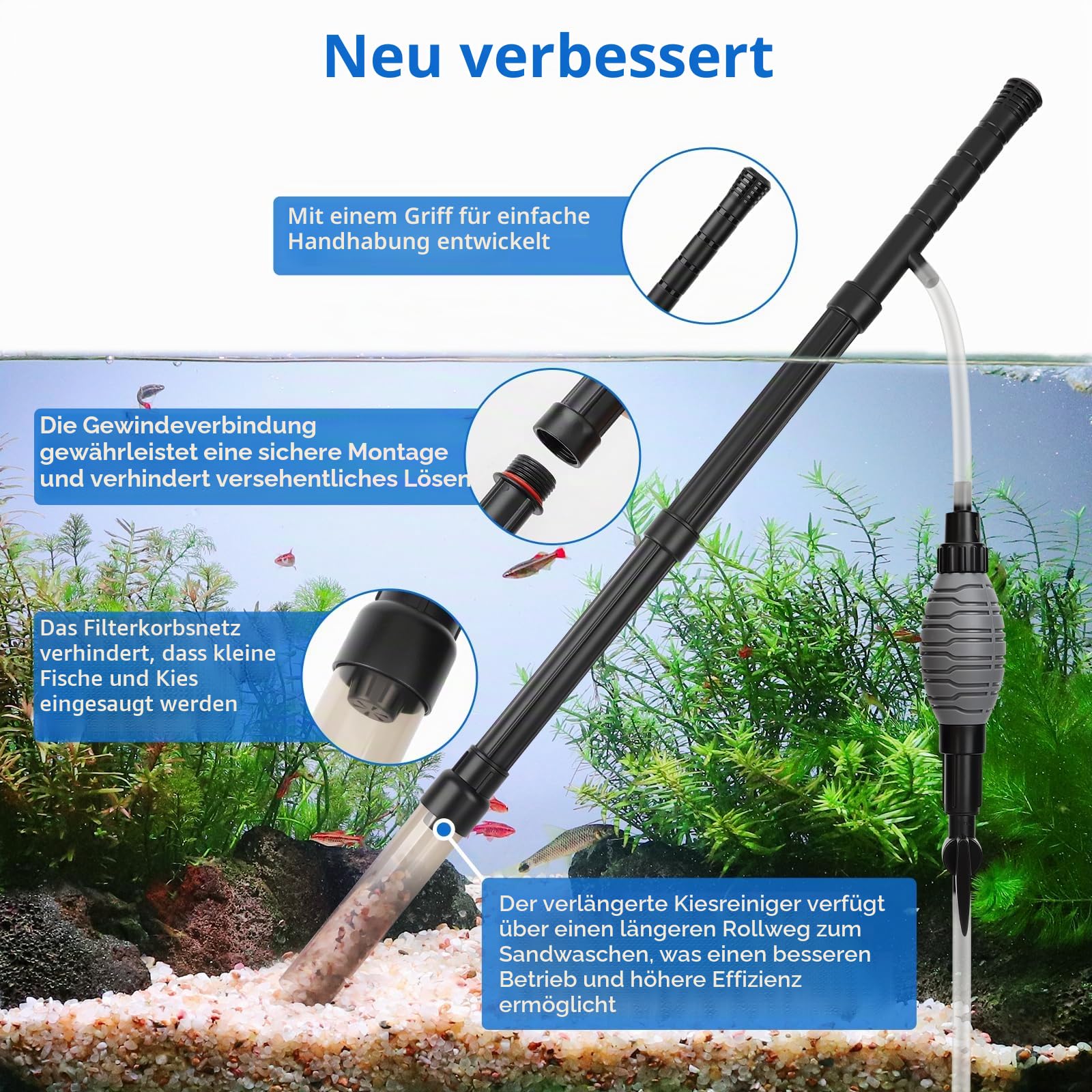 AQQA Aquarium Reiniger, Regulierbarer Durchfluss Mulmsauger Aquarium, Aquarium Sauger für Manuellen Wasserwechsel und Sandreinigung Mit Ergonomischem Griff