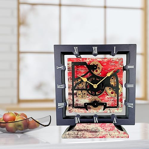 Miniatura 3 de THE GEARS CLOCK Reloj de escritorio de 10 pulgadas con engranaje móvil real cuadrado convertible en reloj de pared (lava roja) Lava Roja,Aqua