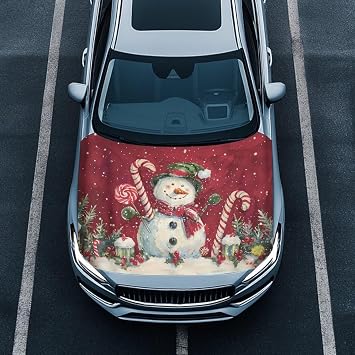 Christmas Snowman Candy Car Front Hood Cover Protector Auto Hood Wrap Blanket Vehicle Accessories Exterior Decor Universal Fit for Most Sedan Small SUV Small Truck