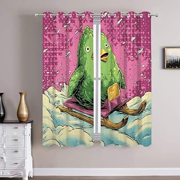 Batmerry Green Penguin Mini Sled Pop Art Blackout Curtains 52X63 Set of 2, Snow Ride Abstract Background Funny Creature Thermal Insulated Drapes Plastic Grommet Top, Room Darkening for Bedroom