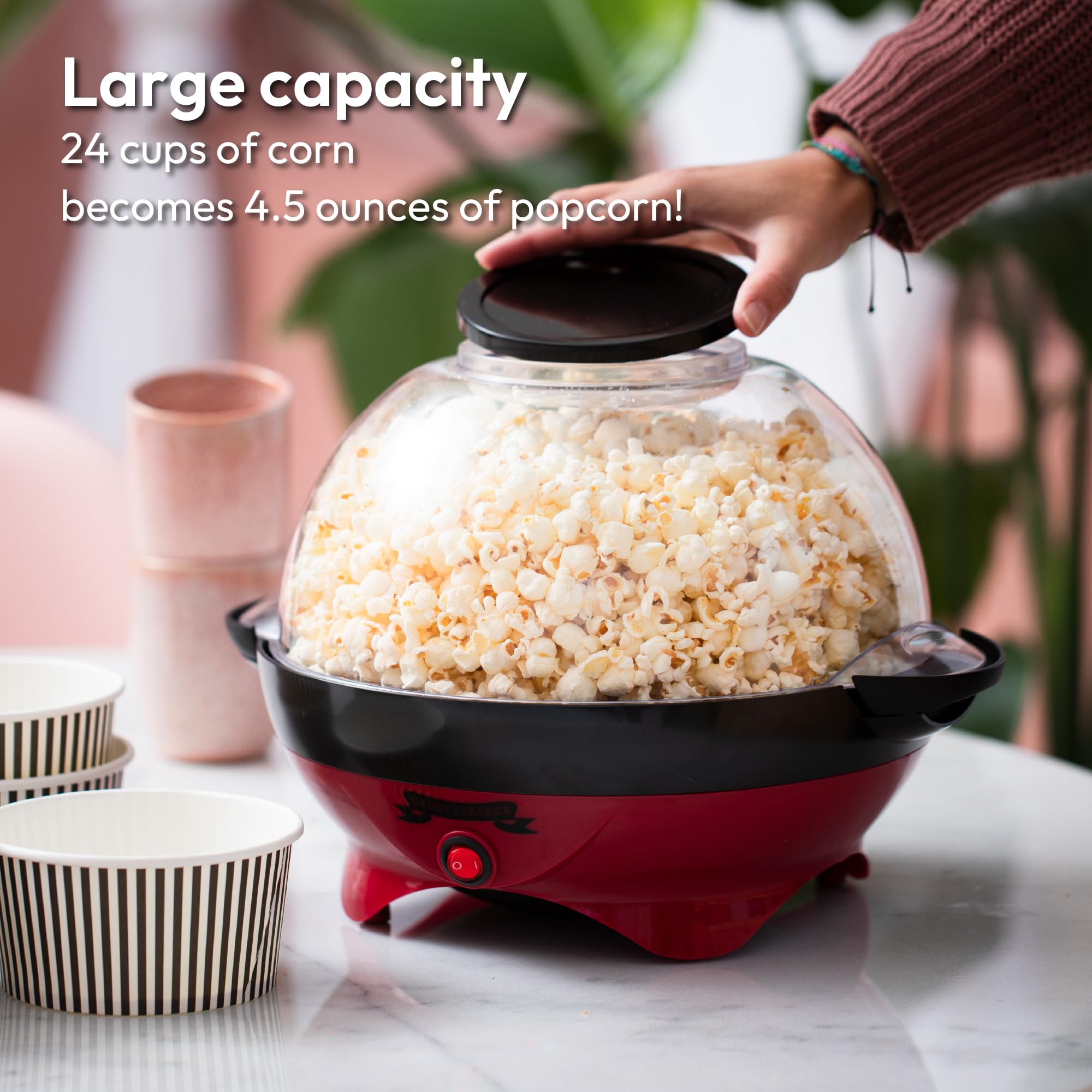 Gadgy Macchina elettrica per popcorn da 800 W, con piastra antiaderente, coperchio e agitatore, grande popper da 24 tazze, per casa, feste, serate cinematografiche
