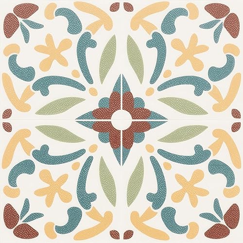 Miniatura 16 de 10 piezas 12x12 pulgadas Azulejos de piso retro amarillo y turquesa repetidos con diseño floral, despegar y pegar, removibles, autoadhesivos, de