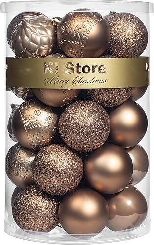 Miniatura 39 de KI Store Esferas de Navidad marrón bronce, 20 piezas de 3.15 pulgadas (8 cm), adornos para árbol de Navidad, corona, guirnalda, ganchos incluidos