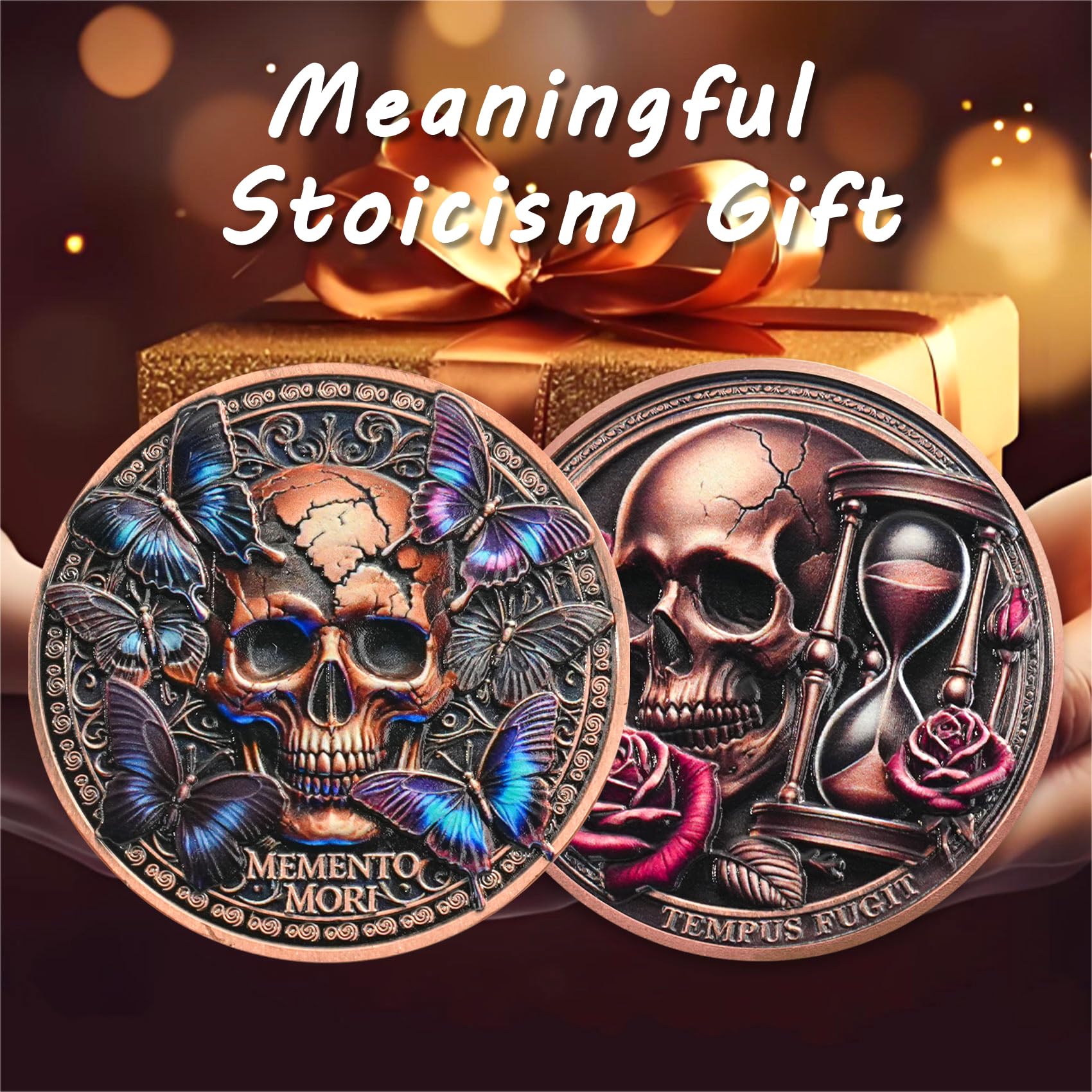 Moneda Memento Mori - Moneda de calavera Memento Vivere Coin Stoic EDC Challenge Coin (B)