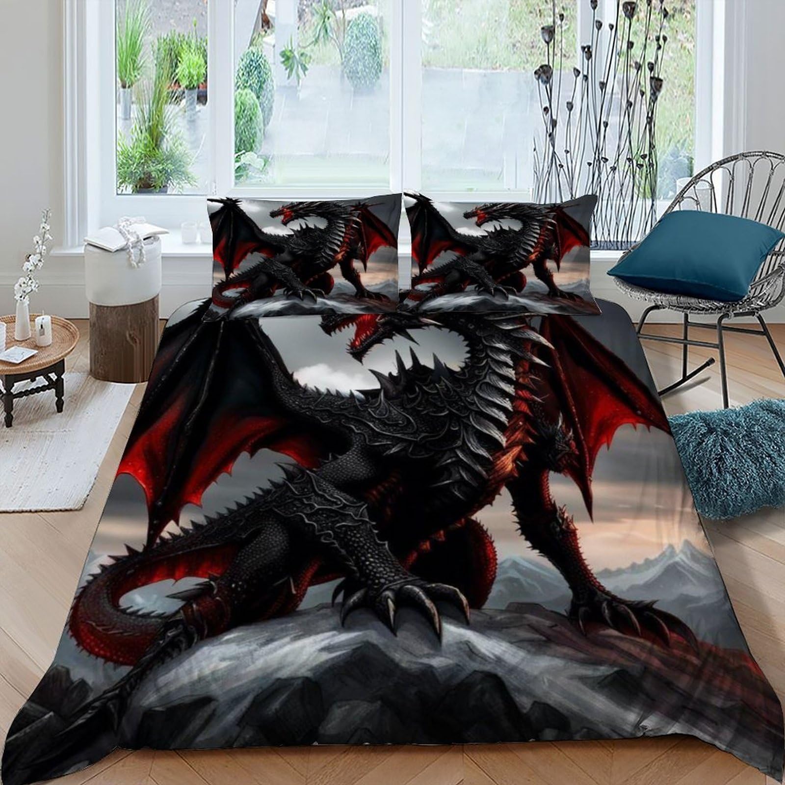 Housse de couette 3 pièces animal dragon literie King size 220x240 cm avec taies