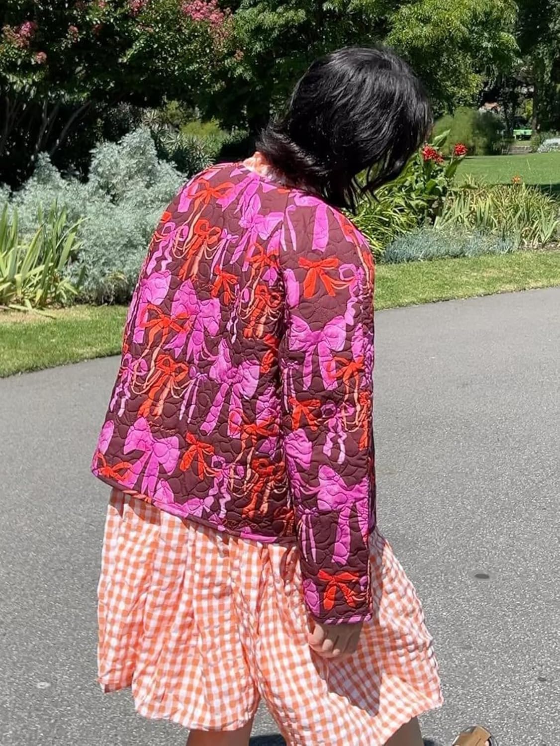 Quilted Jackets for Women Trendy Tie Front Bow Floral Print Cropped Puffer Jacket Reversible Coat - Image 6