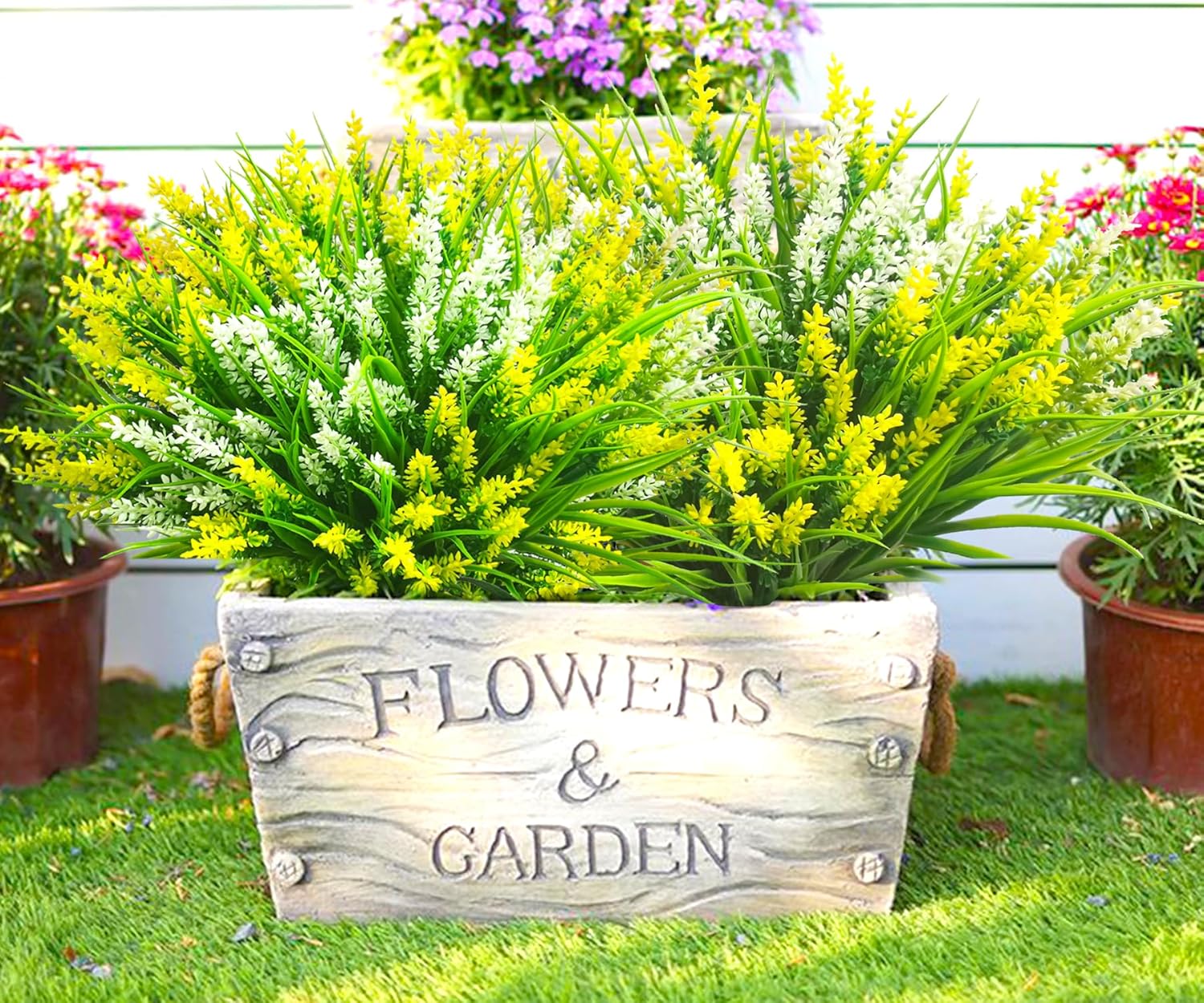 Artificial Plants Outdoor, 20 Pcs Fake Flowers UV Resistant Outdoor Fake Plants, Lavender Artificial Flowers Plastic Fake Faux Flowers Shrubs for Home Porch Garden Yard Window Box (Yellow White)