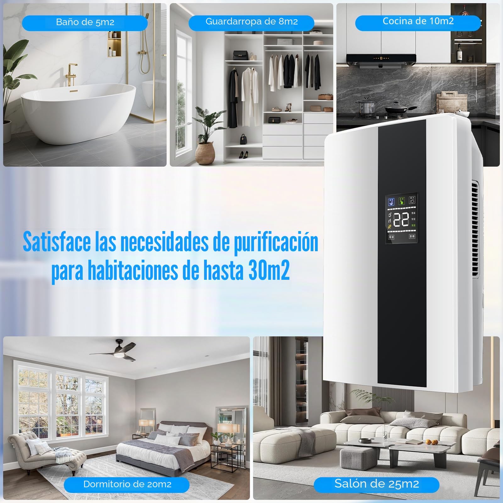 Deshumidificador eléctrico, Deshumidificador y purificador de aire 2 en 1, silencioso para casa - pantalla LED, Control inteligente de humedad, Temporizador de 24h, Control remoto (A)