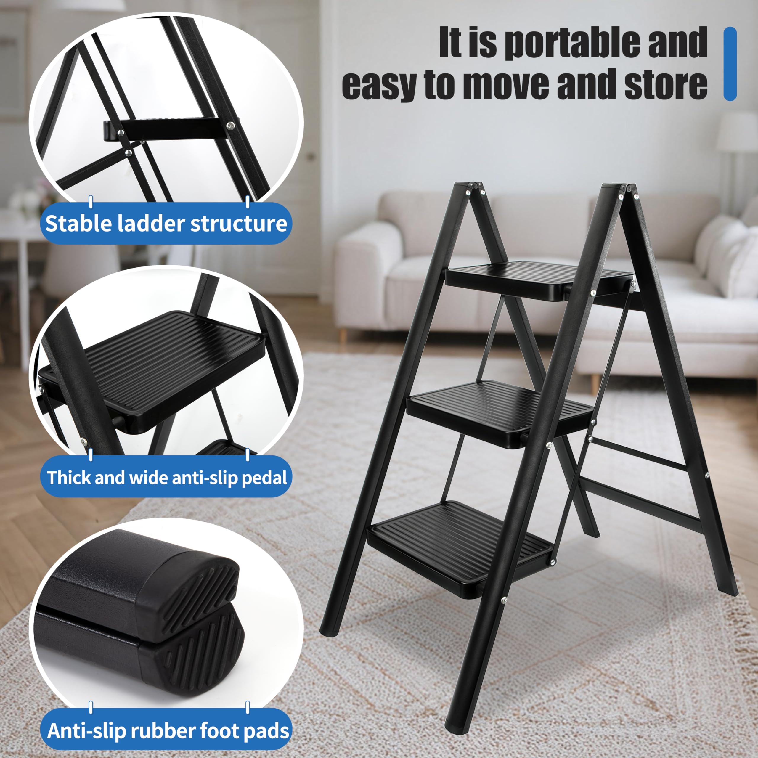 Escabeau Pliable 3 Marches, Tabouret de Marche Pied Acier au Carbone Pliant avec Pédale Antidérapante, Léger et Portable pour Bureau et Cuisine, Charge Maximale 150 kg (Noir)