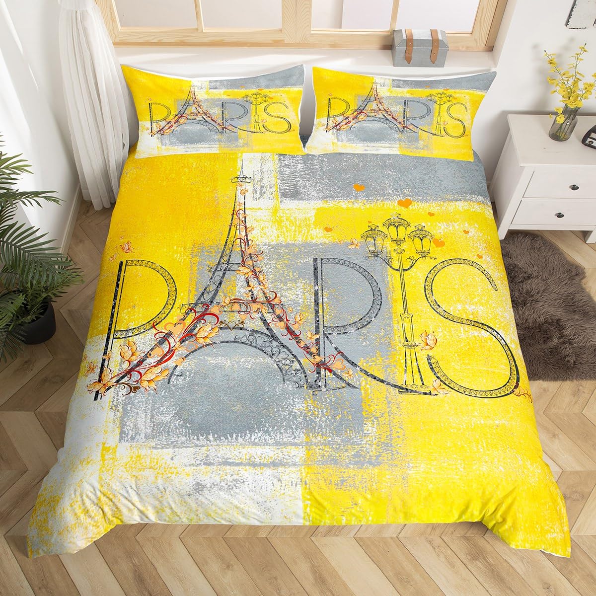 Romantic Paris Bedding Sets Single Eiffel Tower Comforter Cover, Yellow Grey Bed Set Grunge Ombre Duvet Cover, Vintage Watercolor Art Quilt Cover Abstract Artwork Bedroom Decor