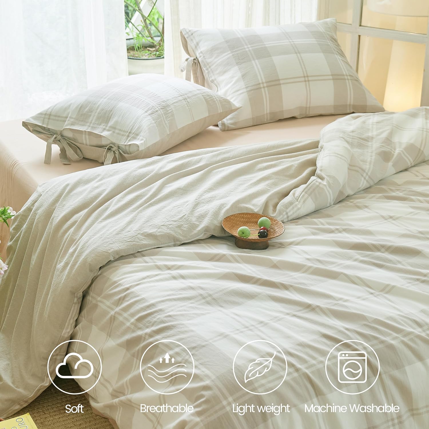 BISELINA 100% Washed Cotton Duvet Cover Set 3pcs with Bowknot Ties Strap Plaid Design, Linen Like Textured Durable Breathable Soft Comfy Chic Bedding - Grid-Khaki, Queen Size