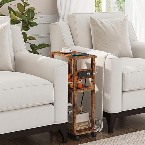 Miniatura 26 de TUTOTAK Mesa auxiliar pequeña y estrecha con estación de carga, juego de 2, mesa auxiliar delgada para espacios pequeños, mesita de noche delgada
