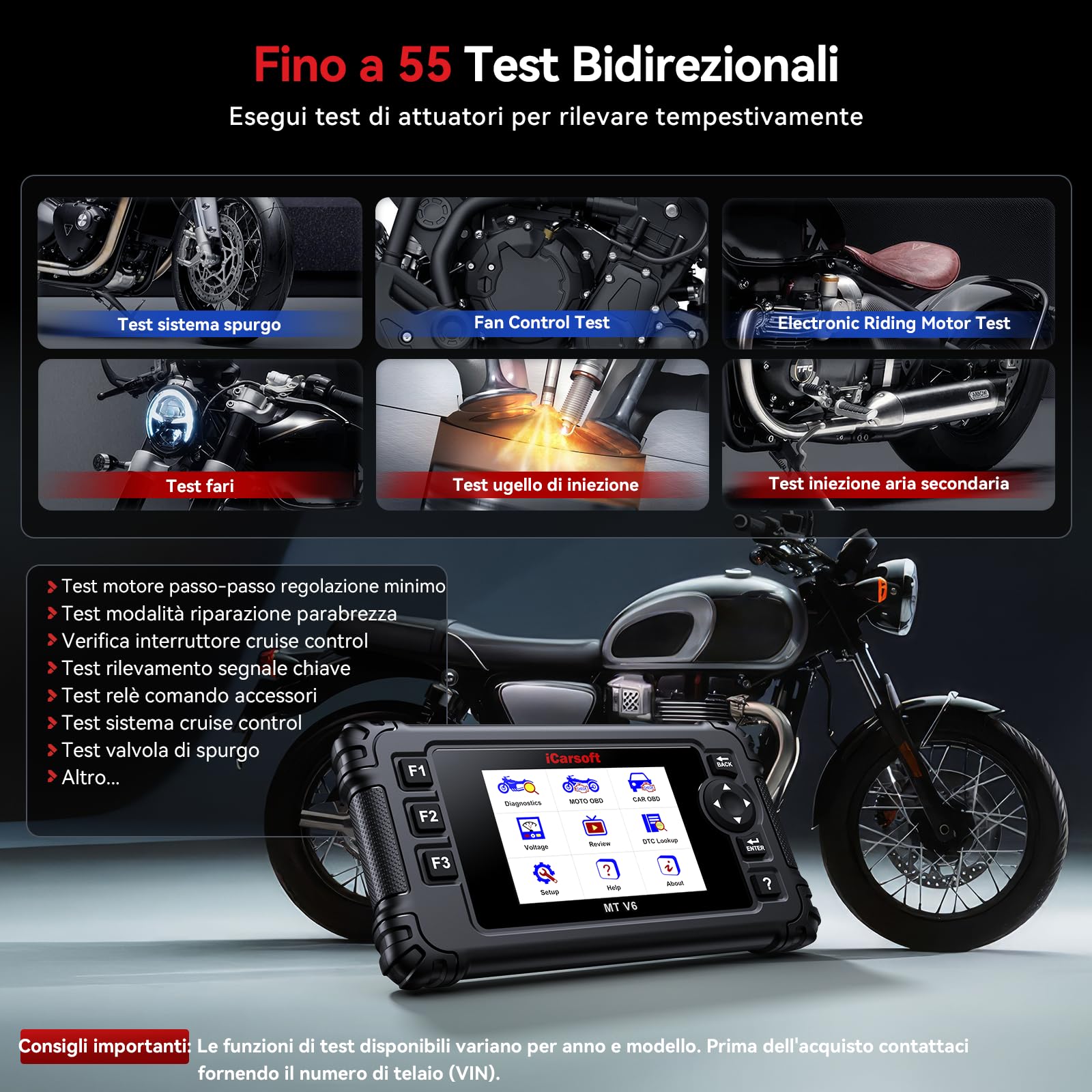 iCarsoft MT V6 - Scanner diagnostico per moto Triumph, lettore di codici OBD2, diagnostica completa del sistema, 58 servizi di manutenzione, 55 test bidirezionali, lettura/cancellazione dei codici di