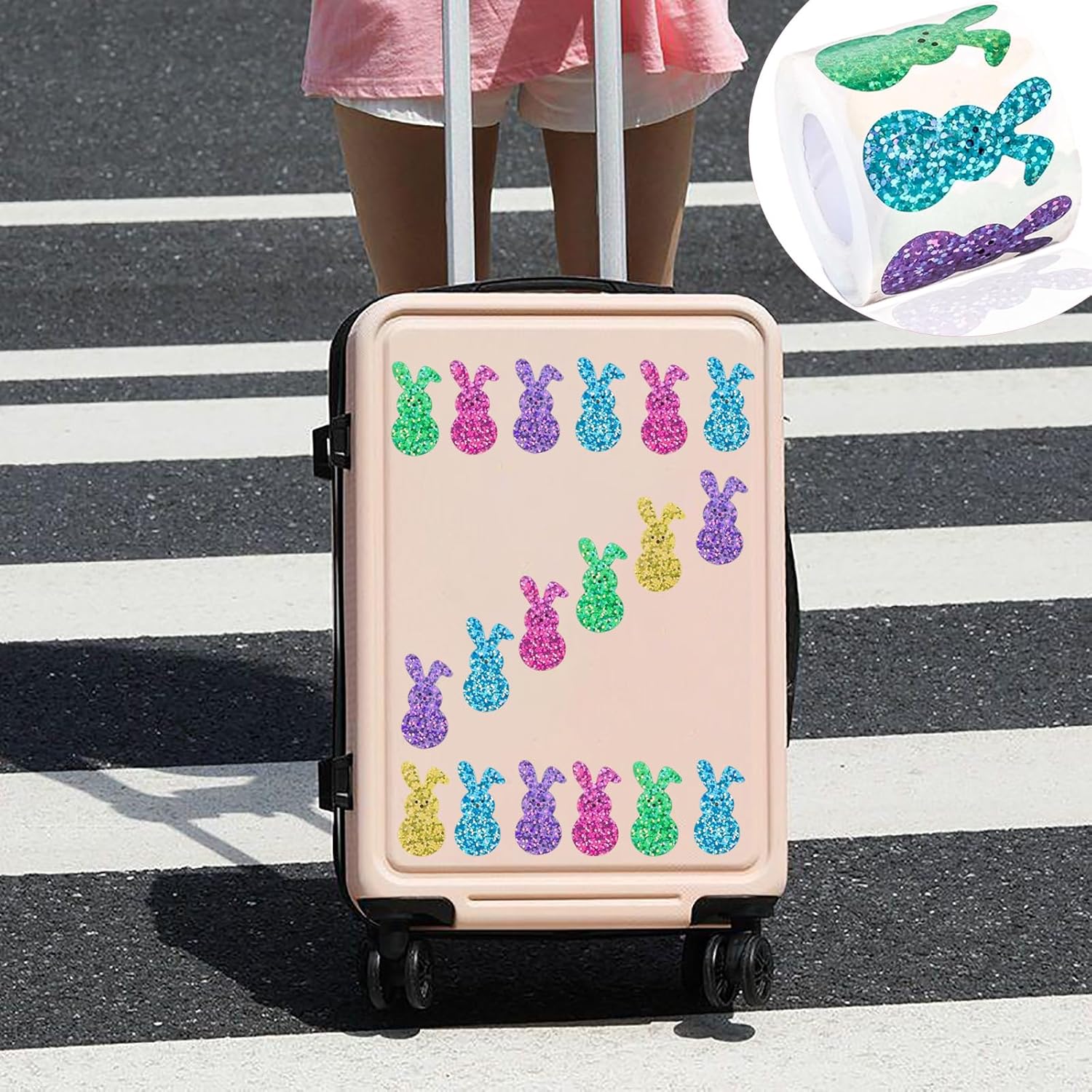 500Pcs Bling Sparkly Easter Bunny Stickers Roll, 1.5inch 1 Roll of 5 Colors Rabbit Stickers for Kids, Cute Sticker Rolls, Easter Waterproof Self-Adhesive Decals for Envelope Scrapbook Holiday Decor