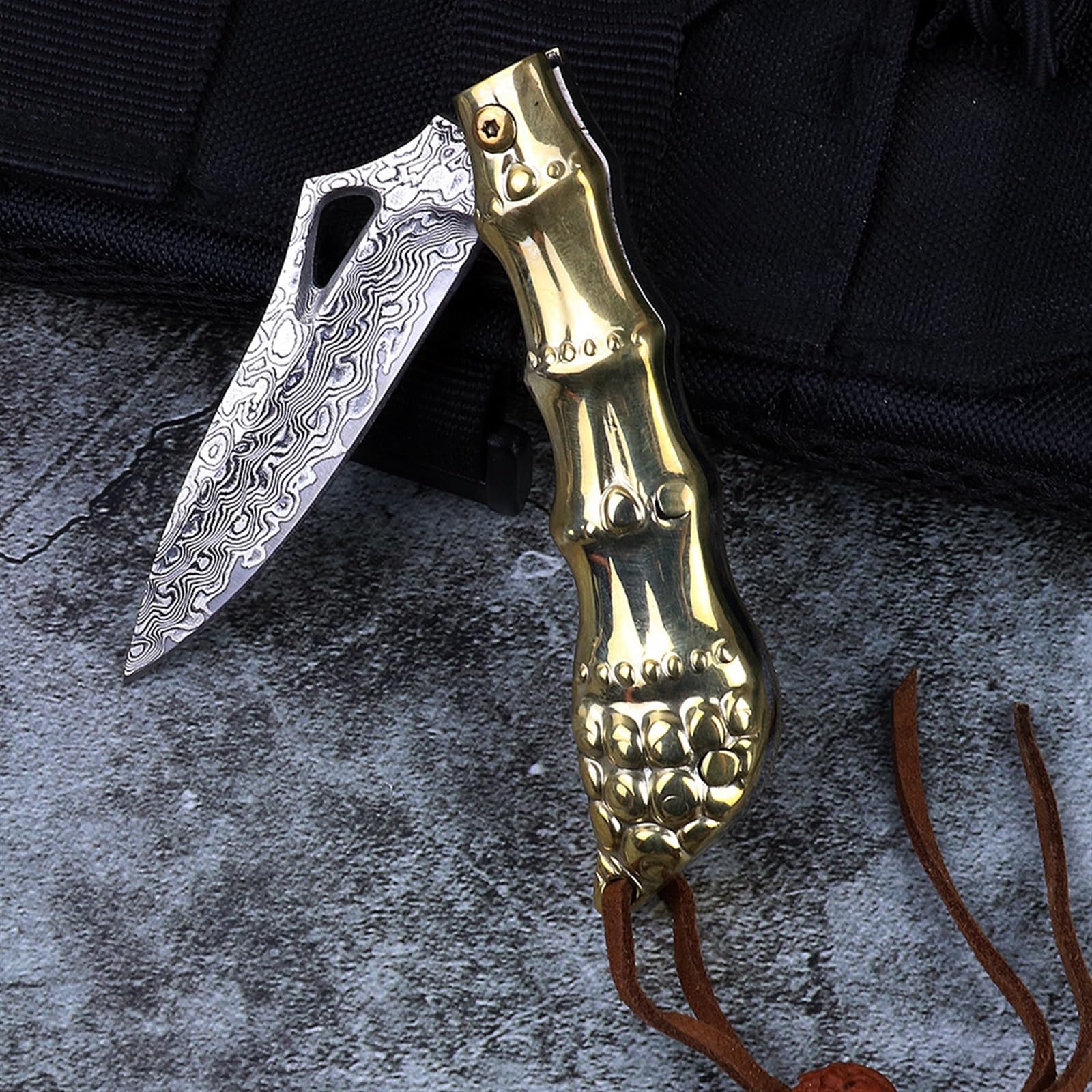Coltello Pieghevole TURHAN Jin Qilin In Acciaio Damasco VG10, Manico In Rame Pieno, Lama 75 Mm, Lunghezza Totale 163 Mm, DM-07, Con Confezione Regalo
