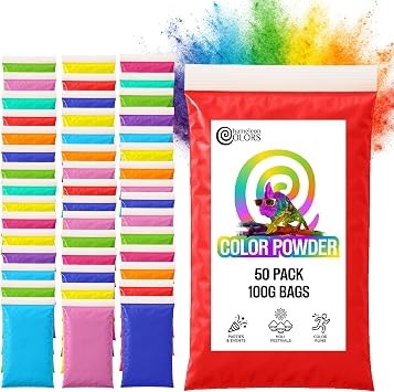 Chameleon Colors 100g Color Powder Packs - 50 Pack - 10 Vibrant Rainbow Colors in Clear Bags - Non-Toxic & Gluten-Free - for Holi, Color Wars, Fun Run, Gender Reveal & Summer Camp
