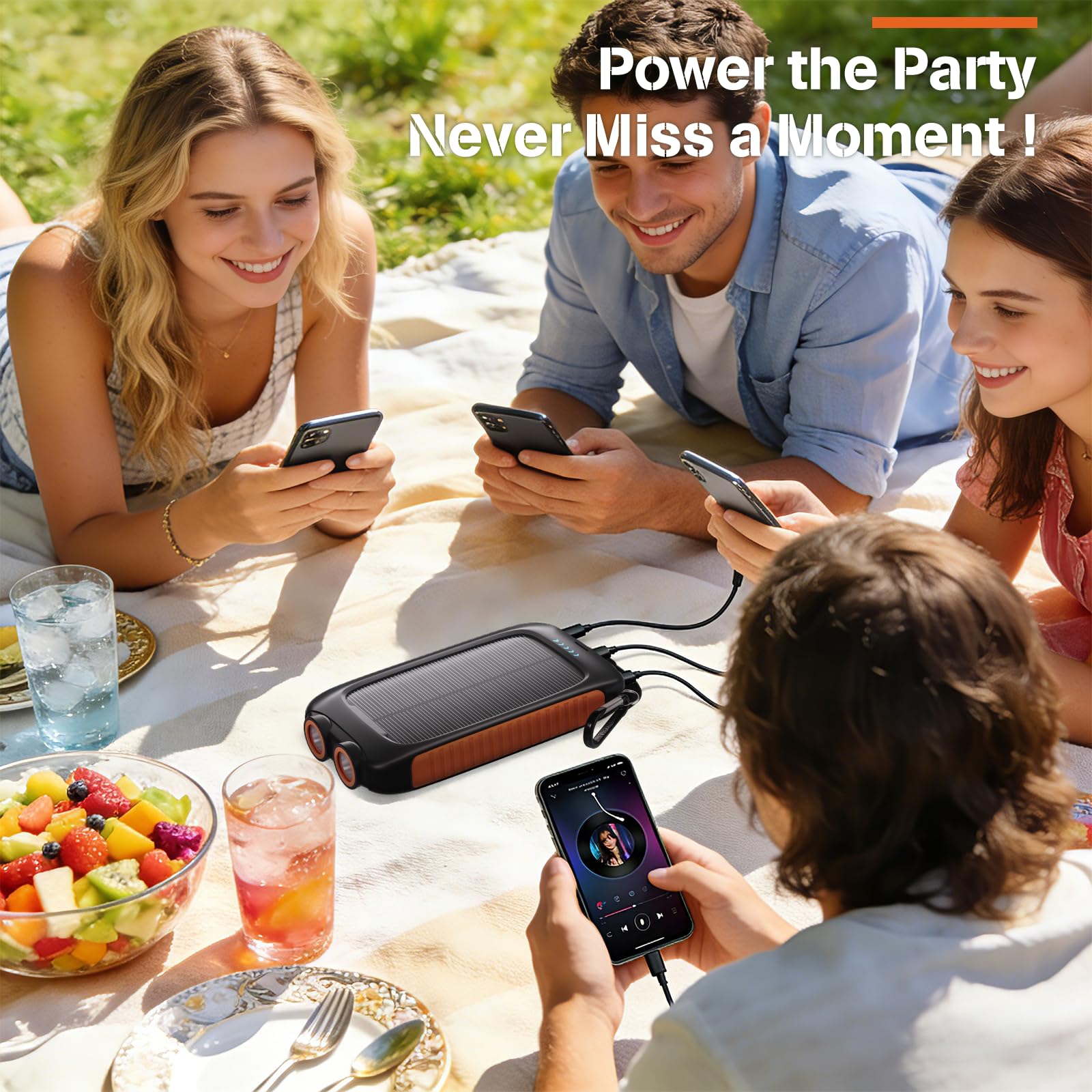 Caricatore solare per telefono, 20000 mAh, power bank portatile con USB-A da 15 W e USB-C, arancione, compatibile con iPhone, iPad, Samsung, 2 torce di emergenza a LED integrate, perfetta per