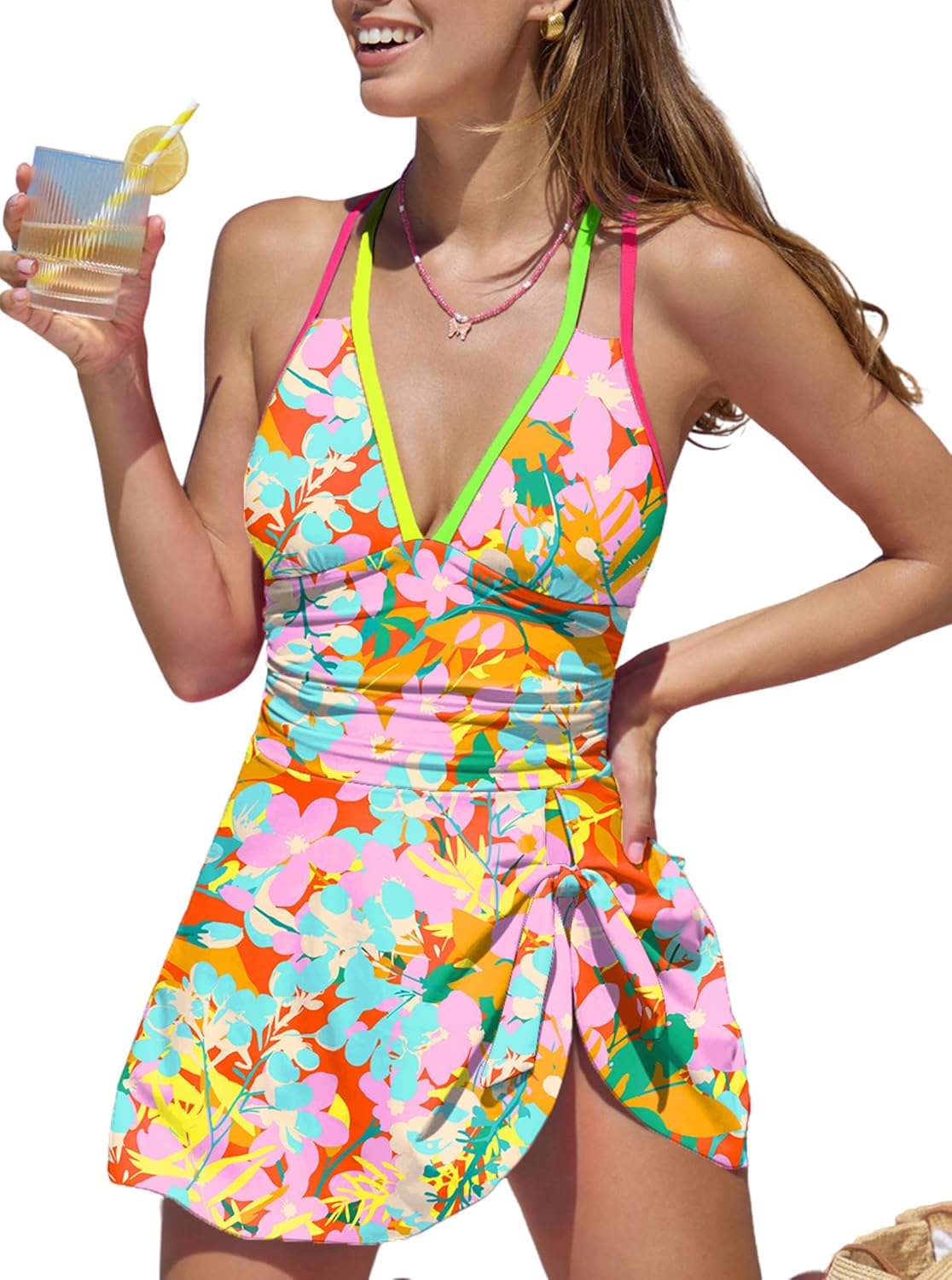 popvil Swim Dress One Piece Swimsuits Women Tummy Control for Women 2026 Sexy Beach Tie Back Bathing Suit Skirt
