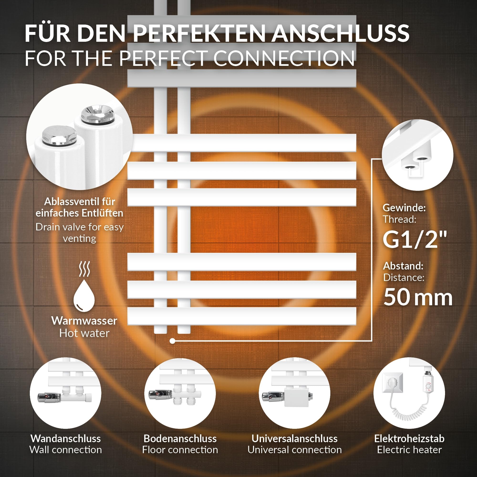 LuxeBath Radiatore da Bagno Iron EM 500x1000 mm Bianco Termoarredo Piatto in Acciaio con Connessione Laterale, Scaldasalviette Moderno, Calorifero Verticale per Riscaldamento Domestico