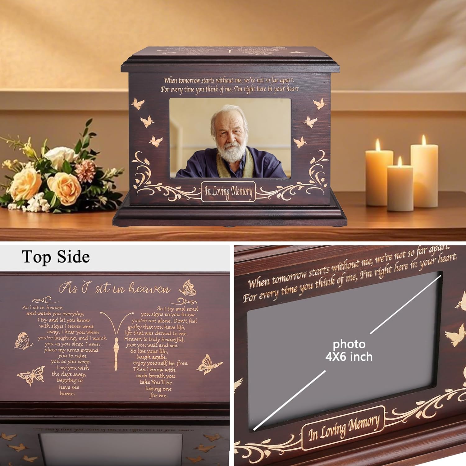 Cremation Memorial Urns for Human Ashes Adult Male Female, Wooden Picture Frame Urns Box and Casket for Men Women Child, Burial Funeral for Ashes, Holds Up to 250 LBS
