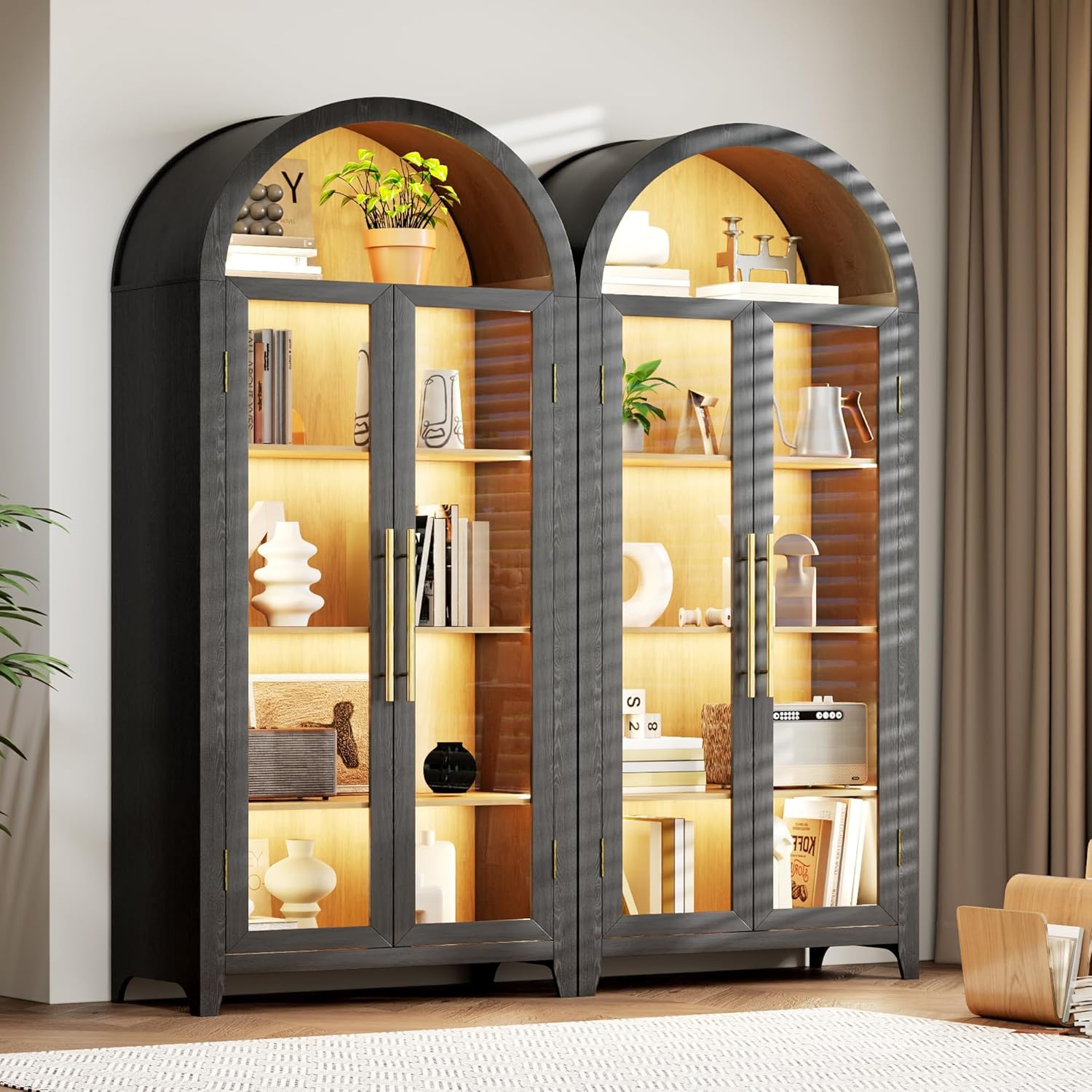 71” Arched Storage Cabinet with Glass Doors, Curio Display Cabinet with Adjustable LED Light, Arched Kitchen Pantry, 5-Tier Glass Display Cases for Living Room, Kitchen(Black & Oak)