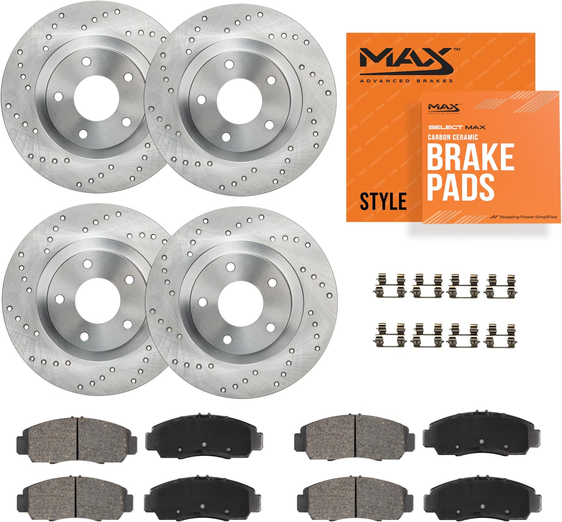Max Advanced Brakes Front & Rear Brake Kit Compatible With 2002 2003 2004 Honda CR-V Replacement Cross Drilled Disc Brake Rotors and Ceramic Brake Pads