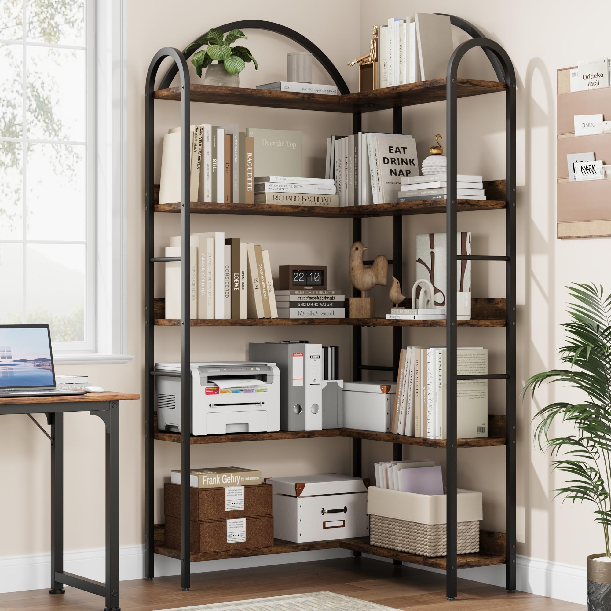5-Stöckiges Eck-Bücherregal mit Gebogenem Metallrahmen, L-Förmiges Dekoratives Großes Bücherregal Aus Holz und Metall, Bodenstehendes Eckregal für Schlafzimmer, Wohzimmer, Home Office, 174x78x78cm