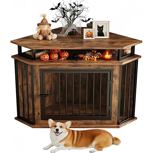 IRONCK 44" Corner Dog Crate with 2-Tier Shelves, Wooden Dog Kennel Furniture, Dog Kennel Indoor Furniture for Small and Medium Dogs, Rustic Brown (23.6" L x 43.3" W x 32.3" H)