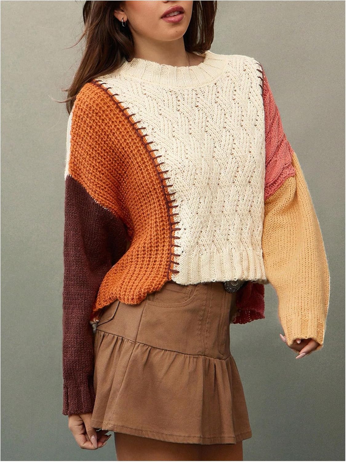 Women's Color Block Sweaters Cable Knit Pullover Sweaters Casual Fall Jumpers
