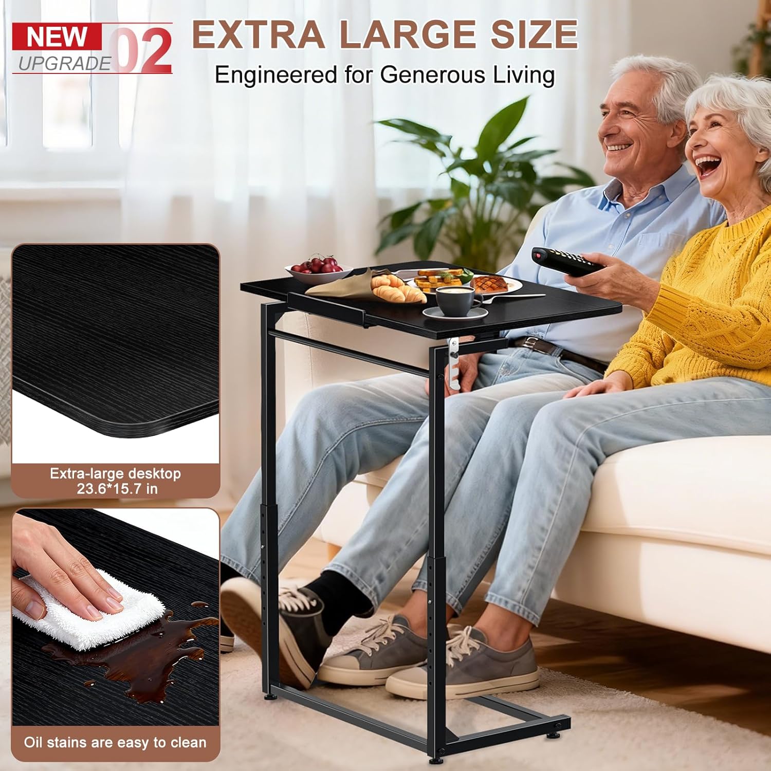 Tv Tray Table Set of 2,Extra Large Dinner Food Tray Table,Couch&Bed Eating Desk,Heavy Duty Folding Laptop Side Table with 8 Height&90° Tilt Adjustable,C-Shaped End Table with Phone Slot Black