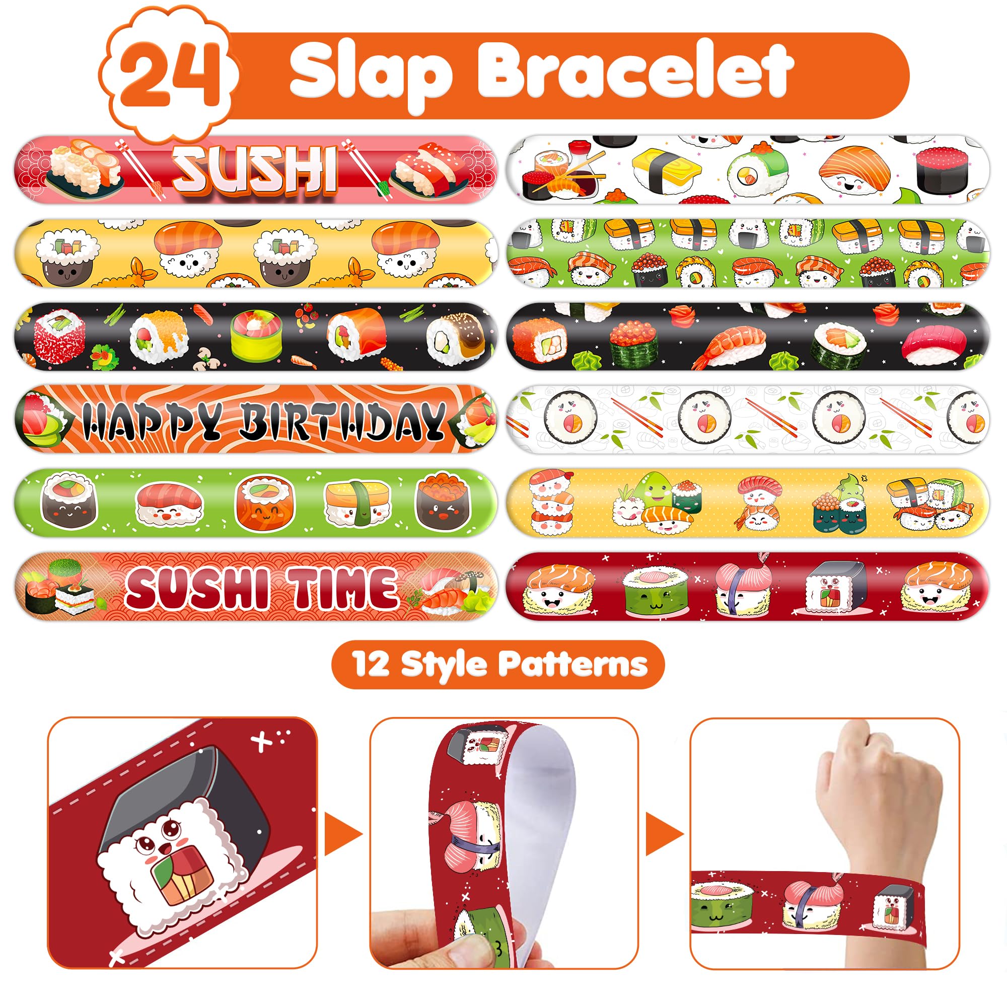 48PCS Sushi Party Set - 24PCS Temporary Pre - cut Tattoos & 24PCS Slap Bracelets - Fun Food-Themed Birthday Supplies, Baby Shower Gifts, Classroom Rewards & Party Decor for Kids (Boys & Girls)