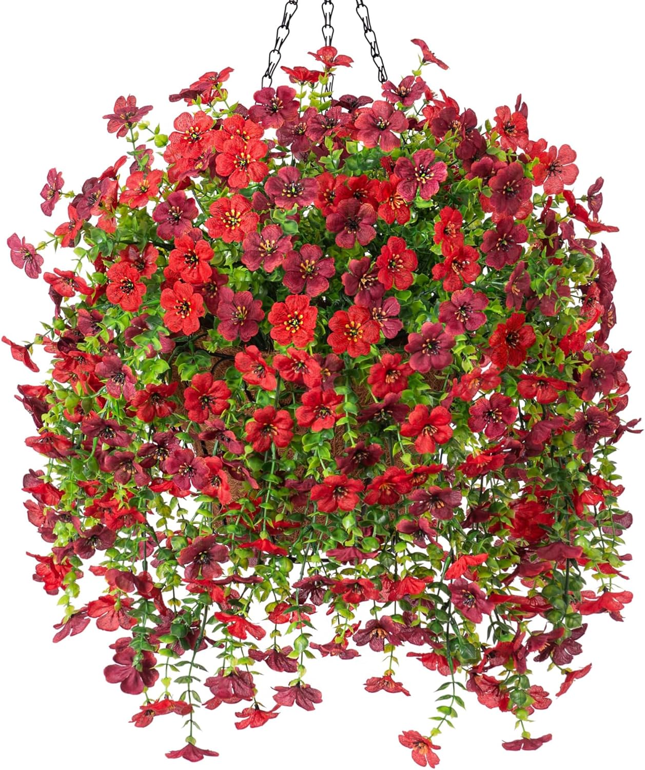 Ammyoo Artificial Fake Hanging Flowers Plants with Basket for Outdoor Spring Decoration, Faux Silk Daisy Flower Real Touch UV Resistant for Outside Porch Patio Garden Yard Home Decor(Red Brown)