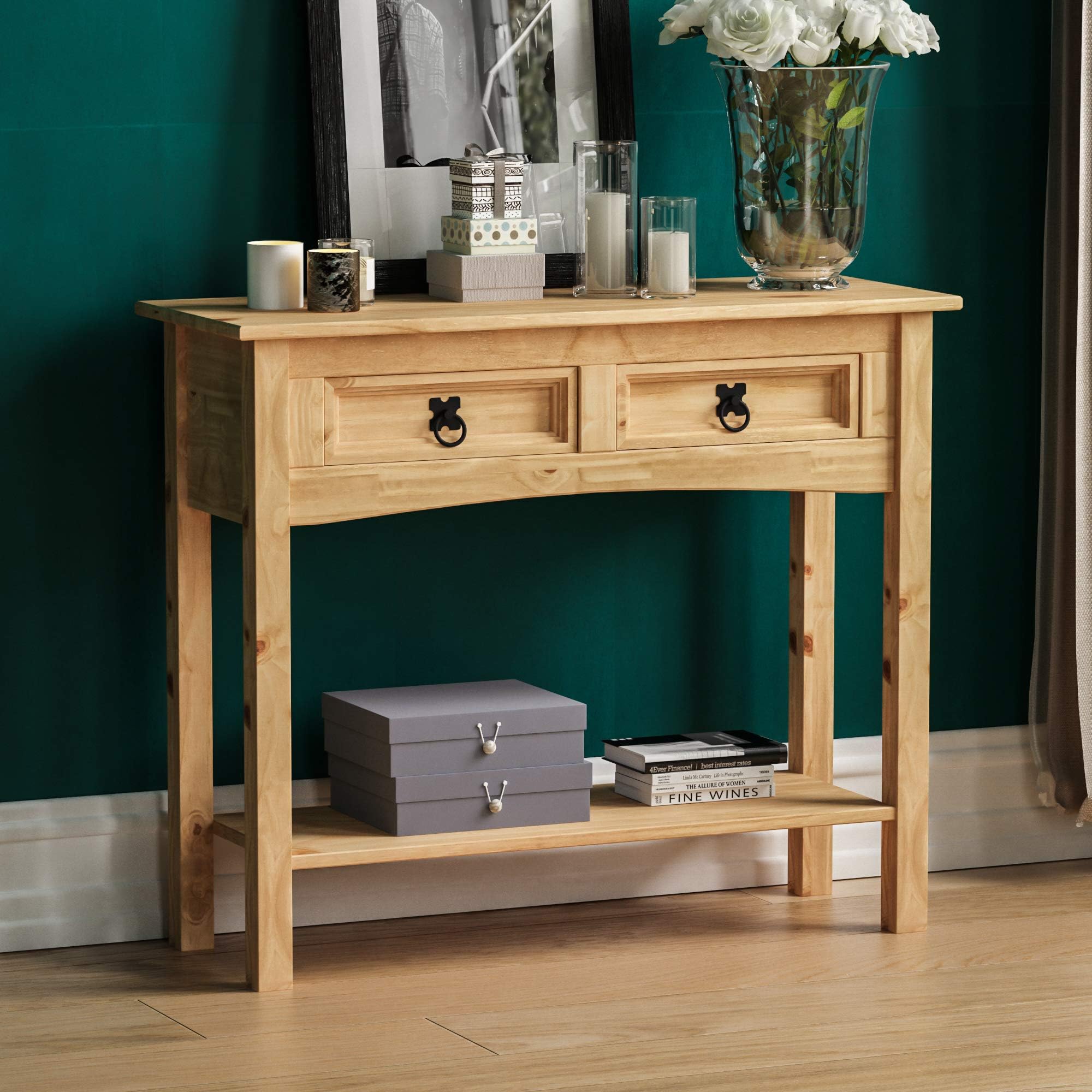 Vida Designs Console Table, 2 Drawer With Shelf, Rectangular, Waxed Solid Pine Wood, Traditional, Rustic, 31 x 83 x 70