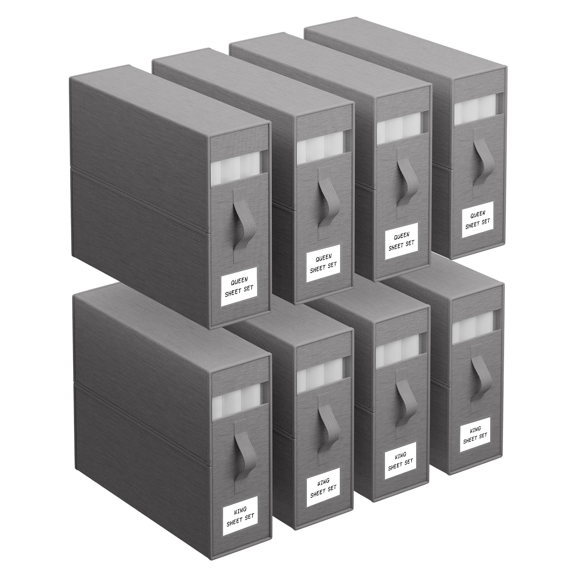 PARANTA Bed Sheet Organizers and Storage 8 Pack,Foldable Linen Closet Organizer,Twin Full Bed Sheet Organizers with Label Handle Window,Sheets Set Keeper for Blanket Duvet Cover Queen or King Grey