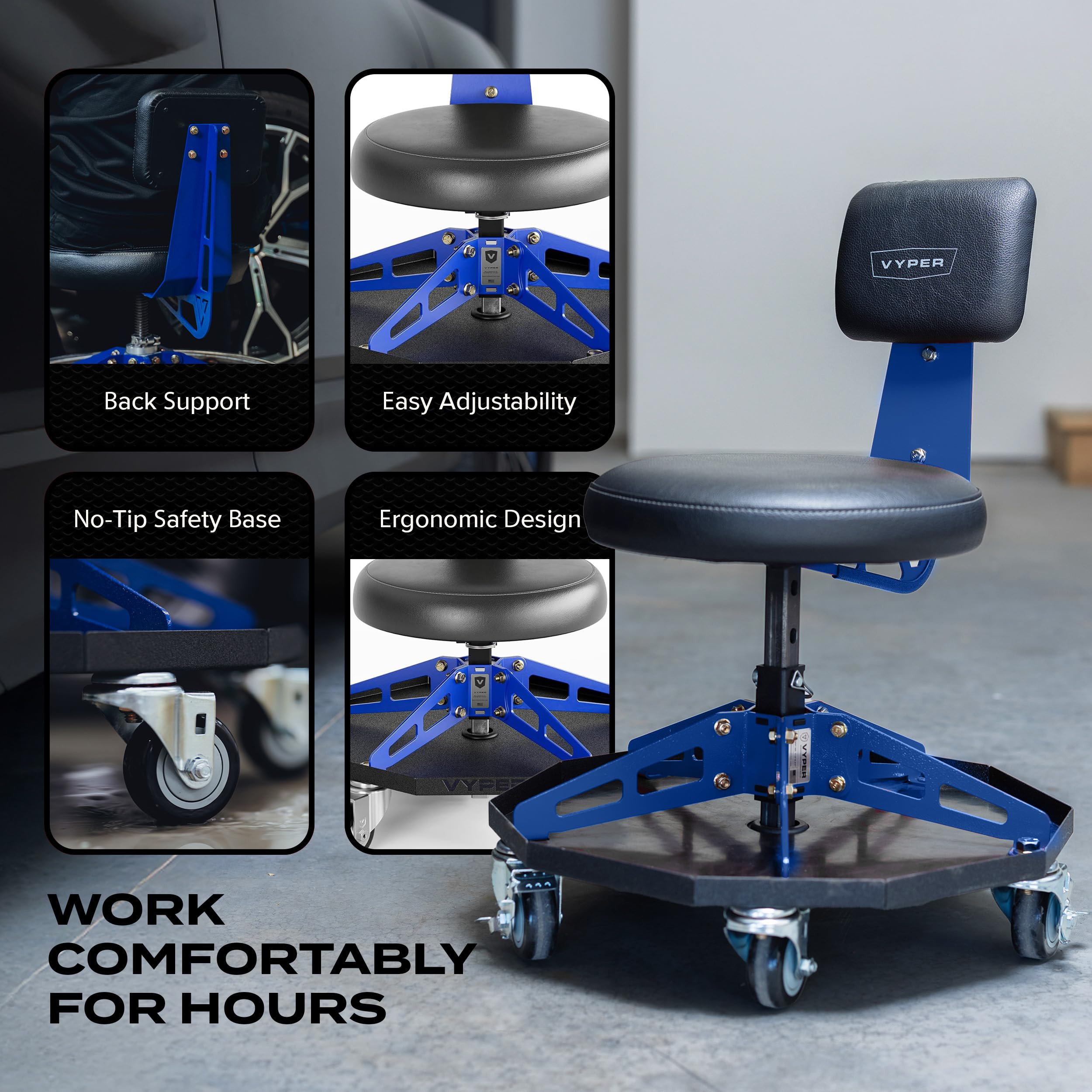 Vyper - Silla deportiva de acero robusta para mecánica, automoción, bricolaje, taburete de garaje de capacidad de 300 libras con respaldo y ruedas grandes (asiento negro, marco azul)