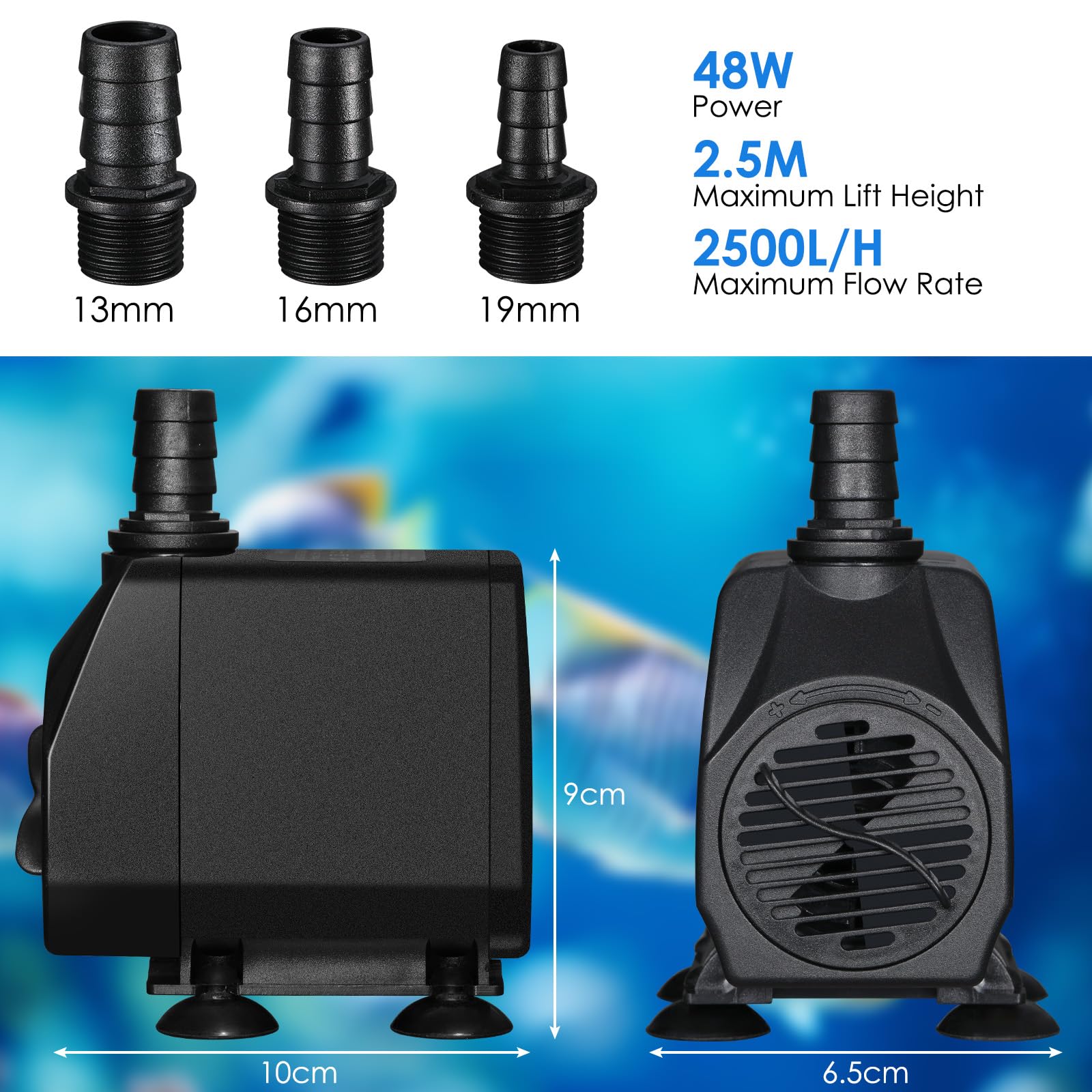 Pompa per Acquario 48W 2500L/H,Portata Regolabile,Pompa Sommersa, Massima di Sollevamento 2.5m, con Filtro e 3 Ugelli 13/16/19mm,Ideale per Acquari e Laghetti,Fontane