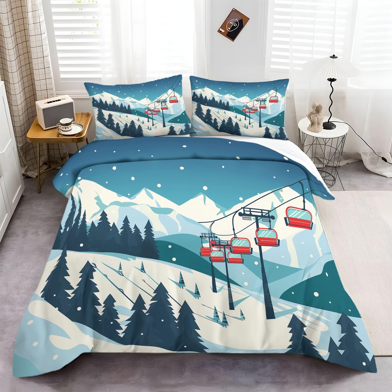 Snow Mountain Pine, komplet pościeli, 220 x 240 cm, niebieska pościel, miękka mikrofibra, dla alergików, 3-częściowy, poszwa na kołdrę z zamkiem błyskawicznym, dla nastolatków i dorosłych