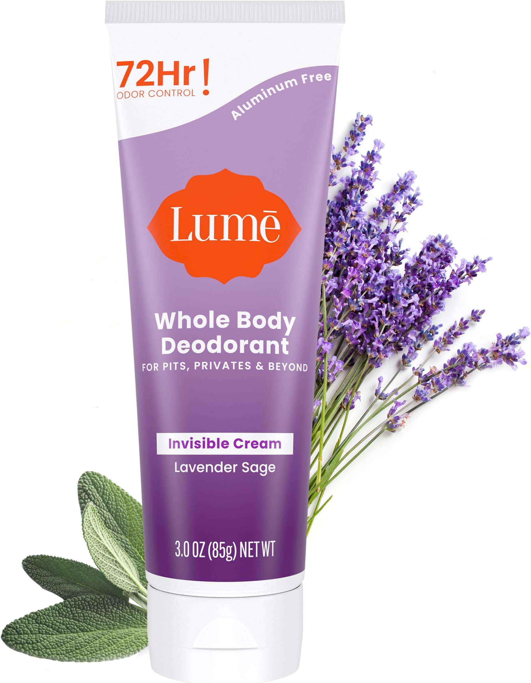 Whole Body Deodorant - Invisible Cream Tube - 72 Hour Odor Control - Aluminum Free, Baking Soda Free, Skin Safe - 3.0 ounce (Lavender Sage)