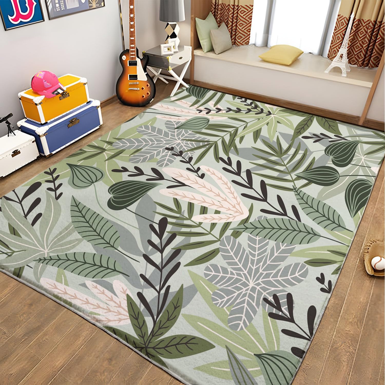 Grand Tapis Douce à Poils Courts pour Salon, Chambre à Coucher 160x230cm, Tapis Impression de Feuilles de Plantes Antidérapant Lavable Tapis Vert Sauge Antifouling, Chambre d'enfants Décoratif