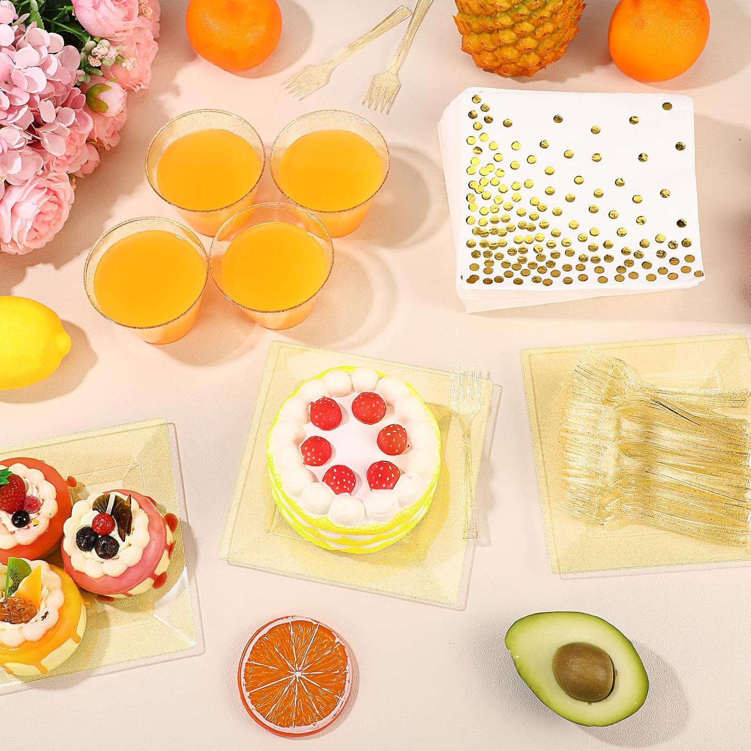 Nosiny 400 Pcs Glitter Dinnerware Set 100 Guests - Square Clear Glitter Plastic Plates Set with Cups Forks Polka Dot Paper Napkins Disposable 6.5 Inch Plates for Wedding Birthday Party(Gold)