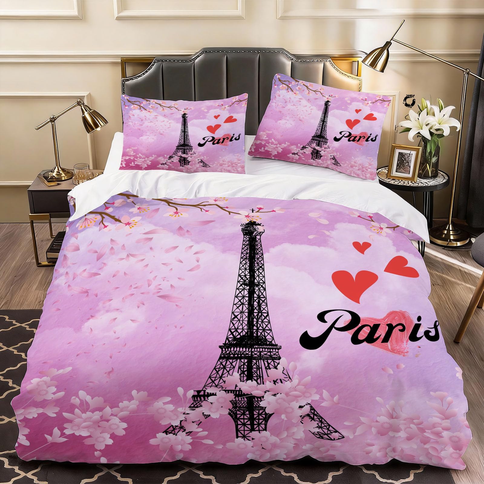 3D Eiffel Tower Duvet Cover Romantic Love Bedding Double Bed Set, Soft Microfiber Comforter Cover Printed with Zipper Closure Quilt Coverr 200x200 cm and 2 Pillowcases