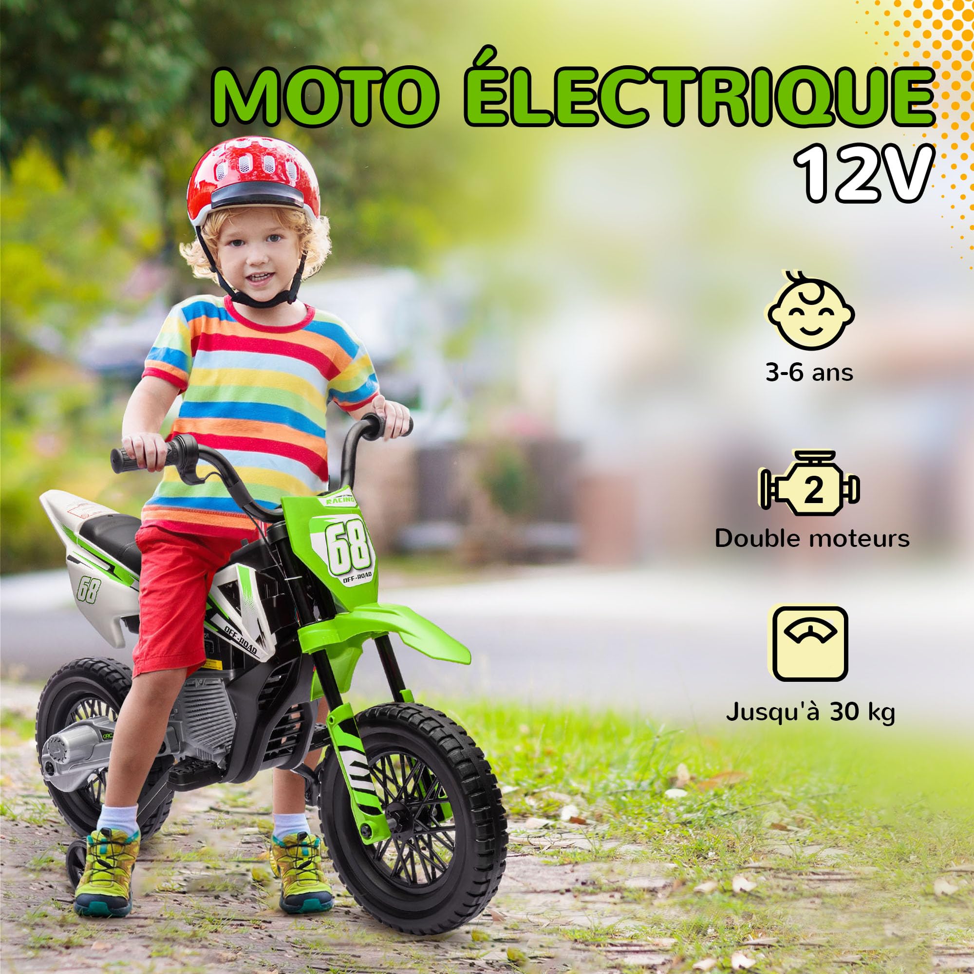 AIYAPLAY Moto électrique Enfants, Moto Cross pour Enfants, 2 Moteurs 12V Puissant, Vitesse Max. 5 km/h, Roues d'entraînement, système de Suspension, Musique, pour 3 à 6 Ans, Vert
