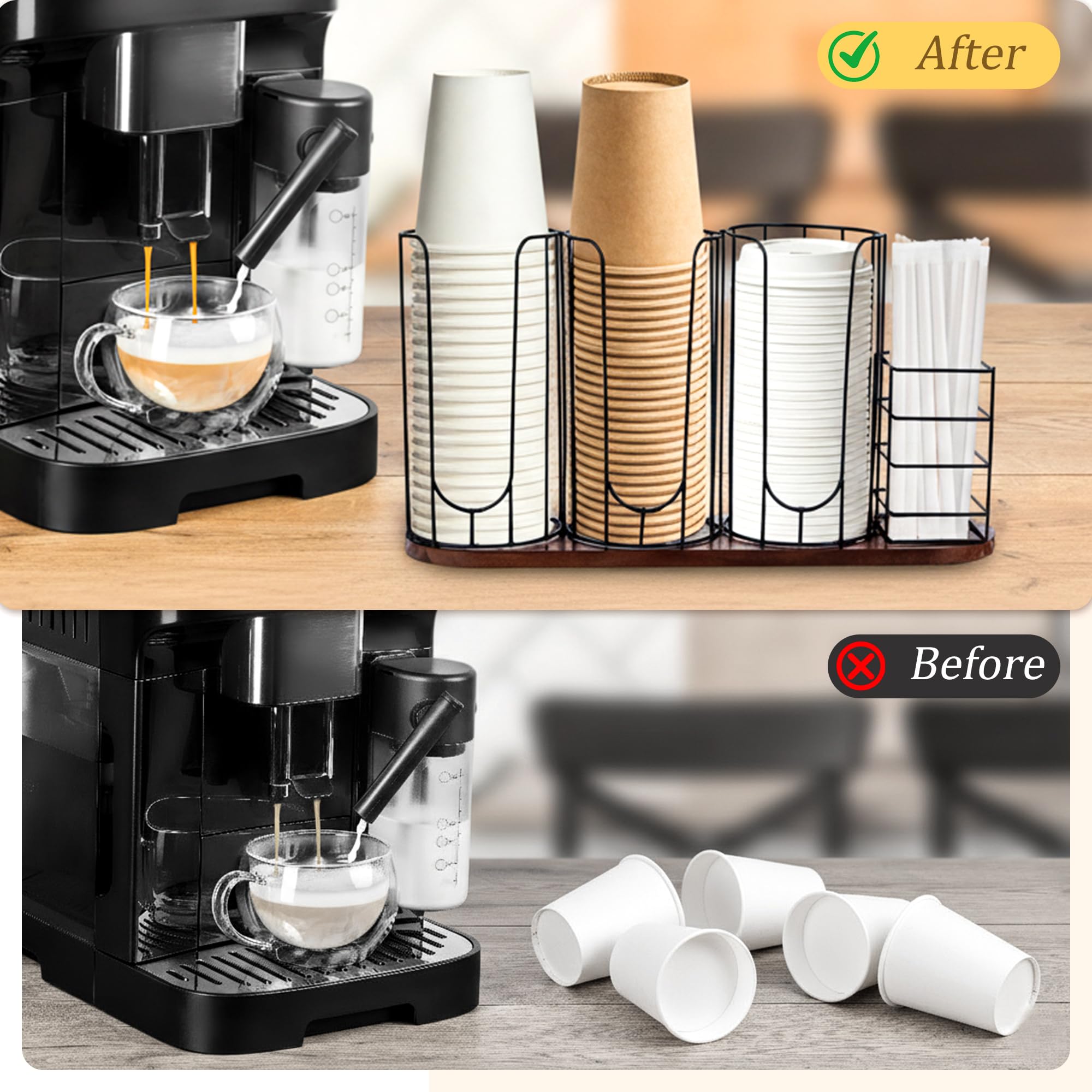 HOMIEE Soporte para Tazas y Tapa Organizador de Café Desechables Metal Dispensador Vasos Desechables de 4 Compartimentos para Café, Bar, Encimera, Sala de Descanso