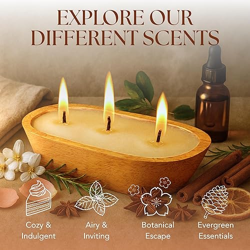 Vista 3 de Dough Bowl Candle Co. Christmas Tree Soy Candle - 3 Wick Rustic Farmhouse Decor Odor Eliminator in Ornamental Wooden Bowls, 20 Ounce All-Natural