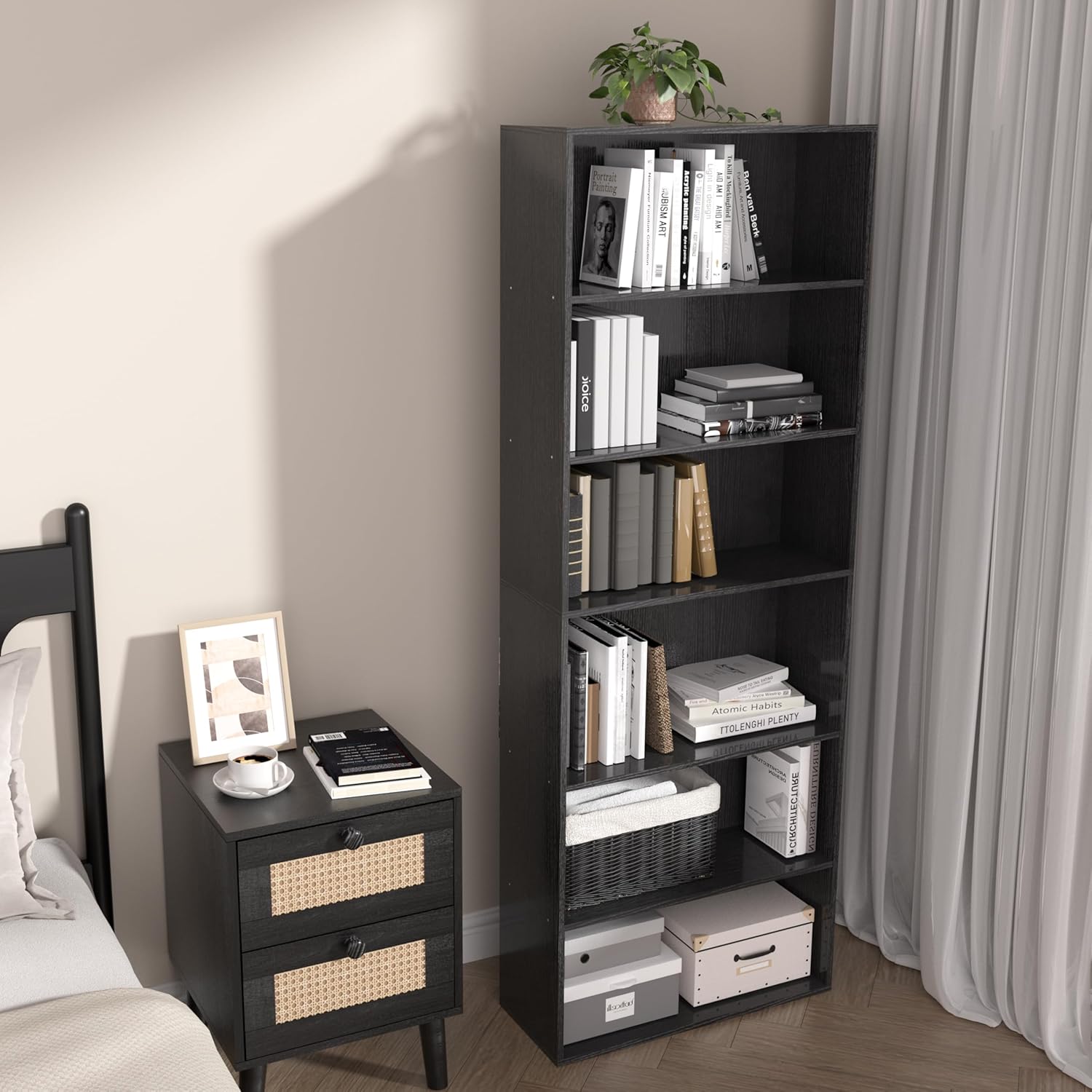 Wooden 6 Tier Book Shelf, 6 Cube Storage Organizer,6 Tier Low Bookcase Storage Display Organizer, 64 Inch Versatile Cubes Shelf and Cubby Unit for Any Space (Black, 6 Cube-W(23.6inch)