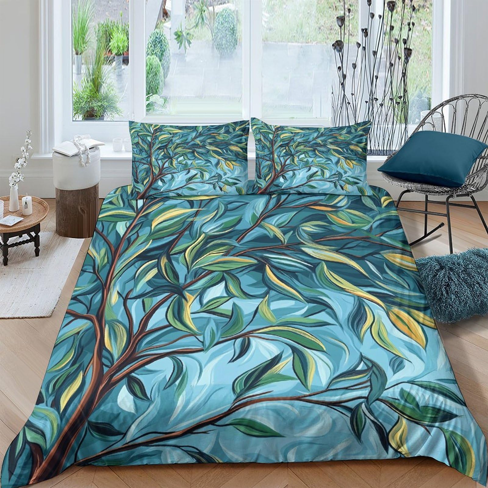 GPLZQXKJNH 3D Printed Blue Leaves Duvet Cover Microfiber Soft Botanical Branches Bedding Set with 2 Pillowcases for Bedroom Apartment Single（135x200cm）