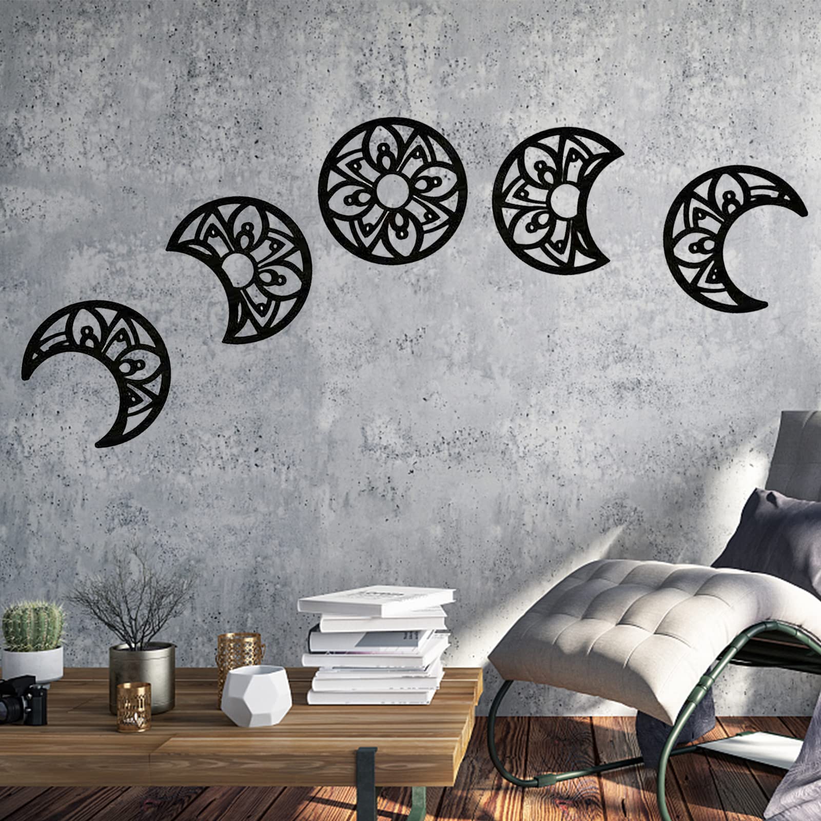 duisoad5 Pcs Wood Moon Phases Wall Hanging Decor, Rustic Nordic Sculpture for Living Room, Bedroom, Office Decorations, Black